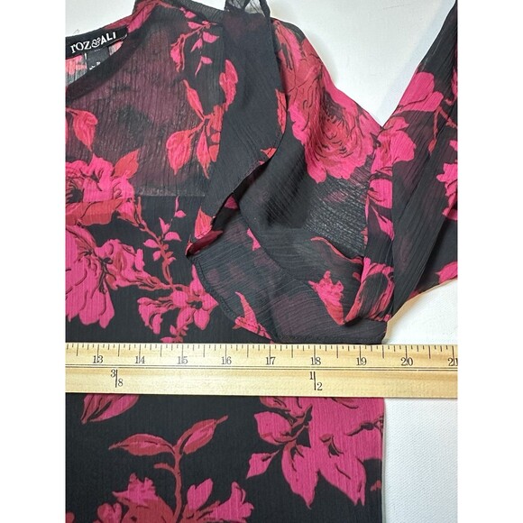 Roz & Ali Red Black Floral Whimsigoth Sheer Ruffles Long Sleeve Top Women SMALL - Picture 11 of 12